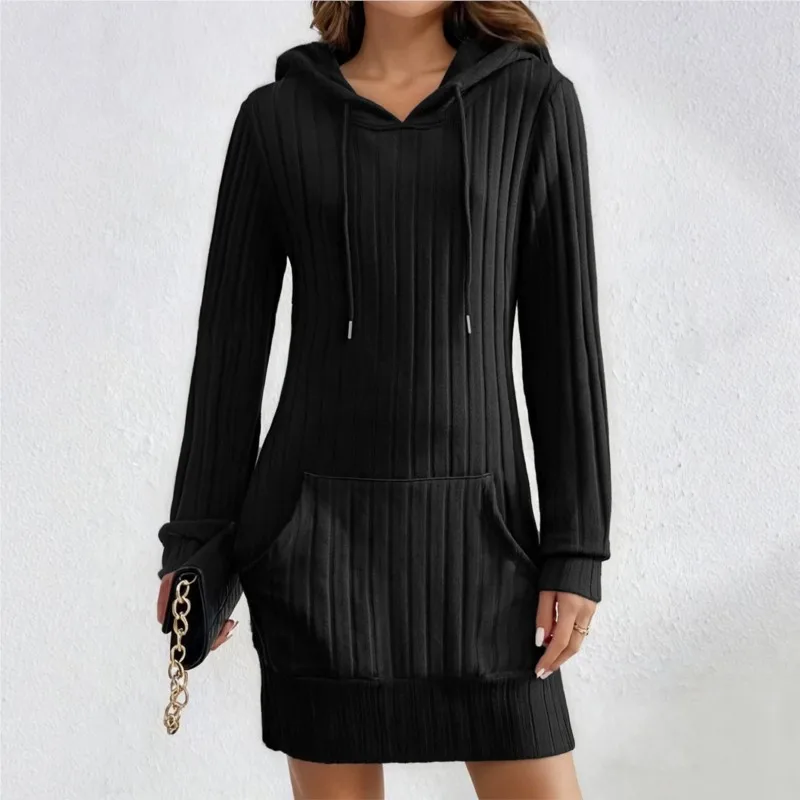 2026 New Autumn And Winter Women's Dress With Hooded Groove Strip Casual Loose Fashionable Versatile Simple Comfortable Vestidos
