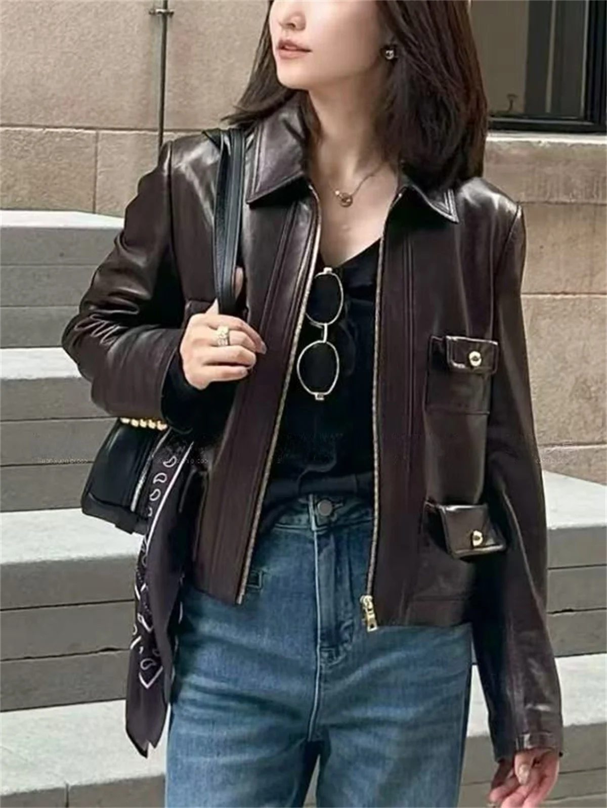 

Новая женская мотоциклетная куртка 2025 года из натуральной овечьей кожи, приталенная, с длинными рукавами, на молнии, для повседневной носки