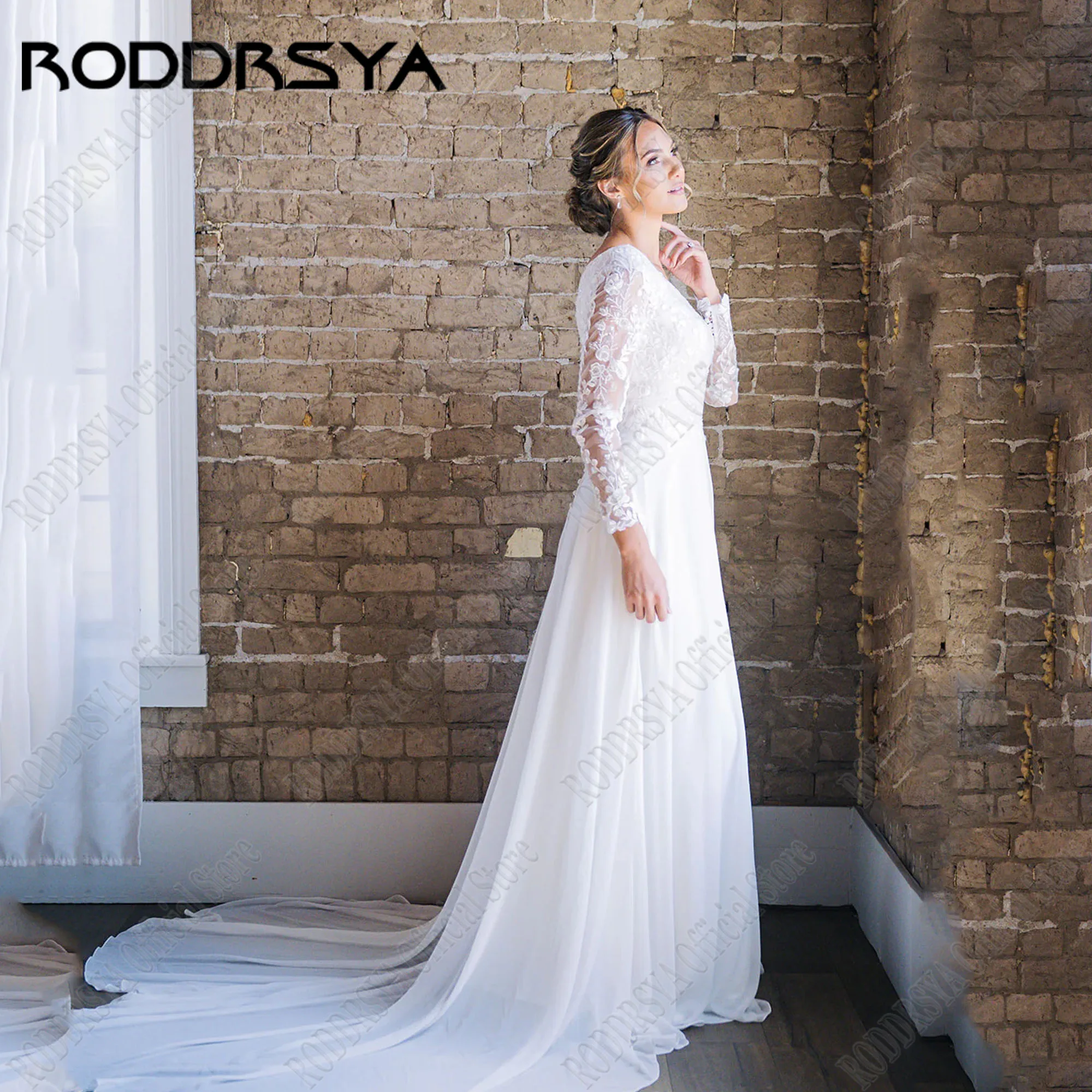 RODDRSYA Customized V Neck Long Sleeves Applique Wedding Dresses For Women 2025 Spring Lace Boho Bridal Gown Vestidos De Novias