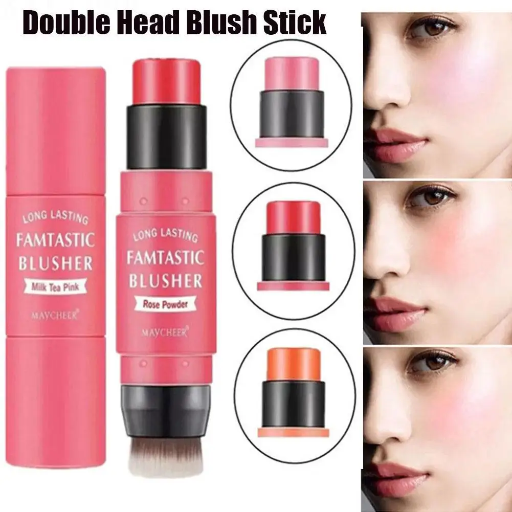 Impermeável de cabeça dupla Blush Stick com escova, rosto cremoso pêssego maquiagem, iluminar e duradoura, ruge blush, 3 cores, Q4o9