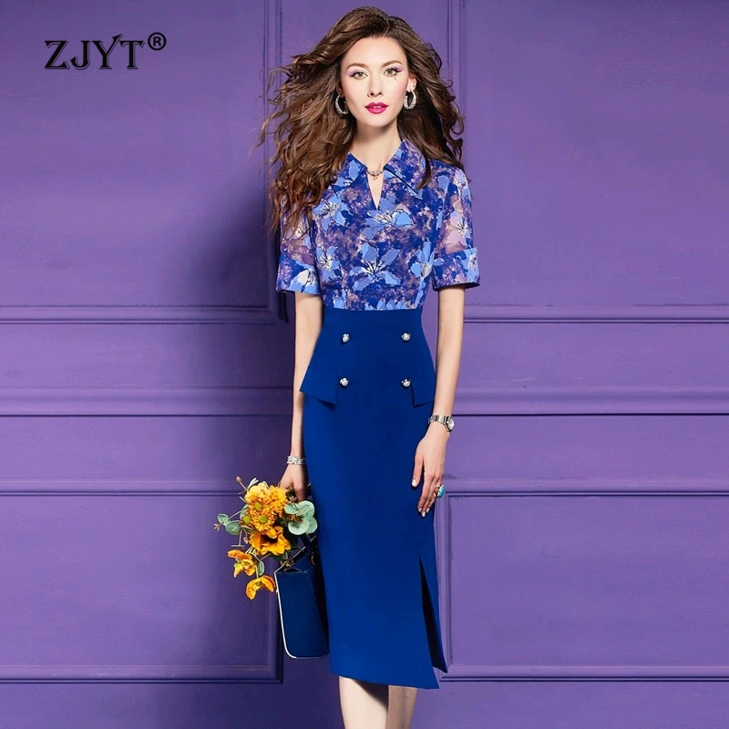 

ZJYT Elegant Blue Floral Print Patchwork One Piece Dress for Women Summer Plus Size Short Sleeve Office Work Wear Party Formal