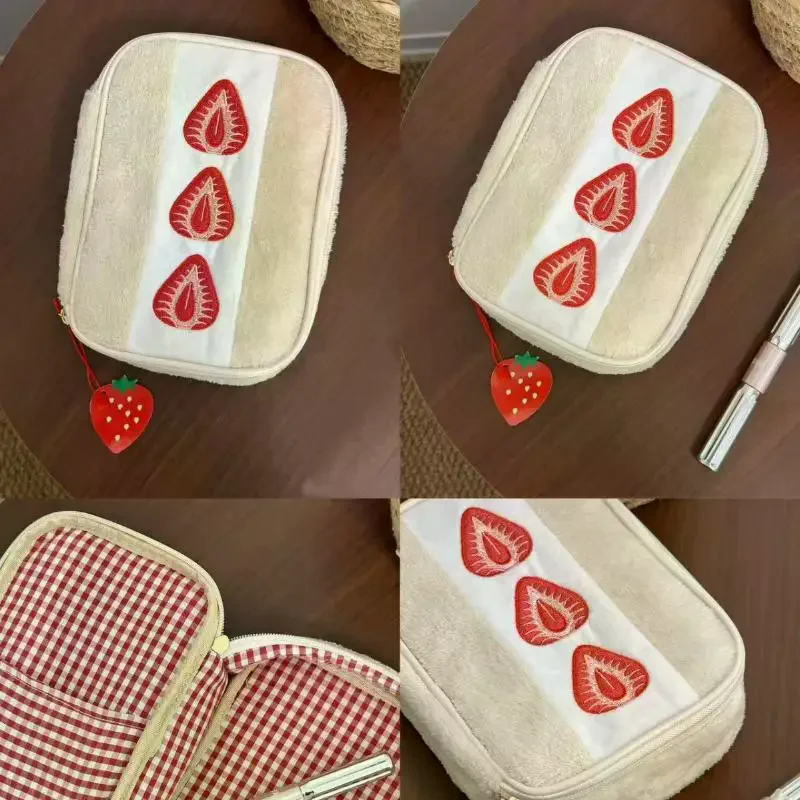 Cute Embroidered Strawberry Pencil Case Portable Students Stationery Pen Box Multi Functional Large Capacity Makeup Storage Bag