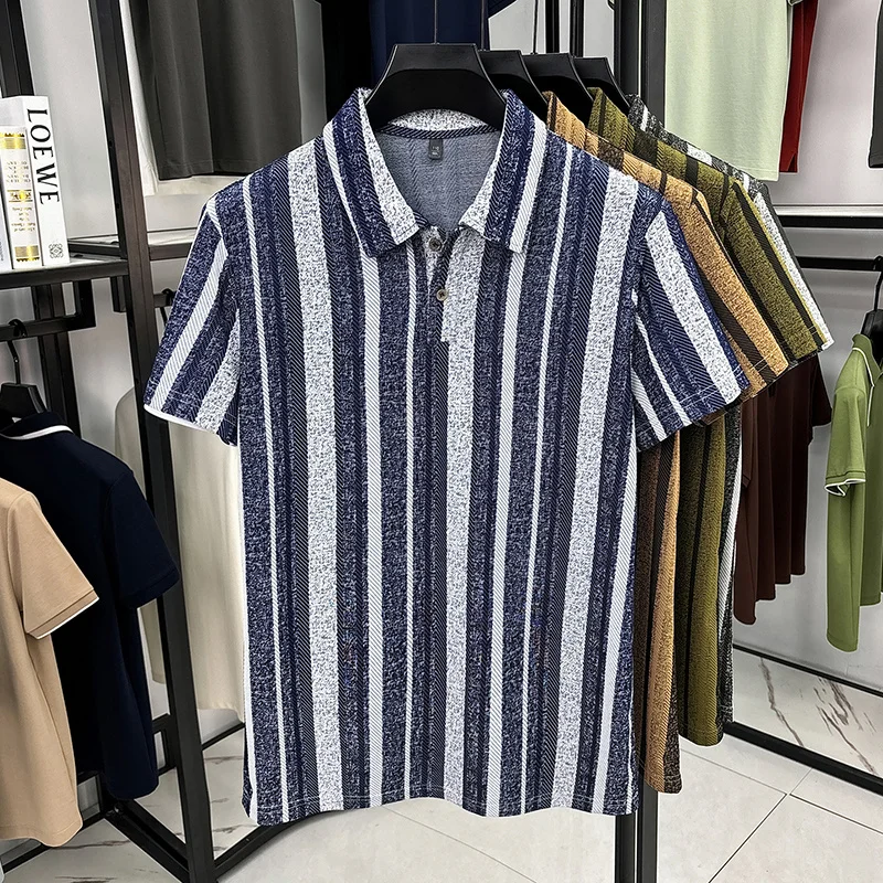 Herren Strukturierte Vertikal Gestreifte Kurzarm-Poloshirts Lässige Business-Oberteile Atmungsaktiv Knitterfrei Sommerkleidung – Detail 17