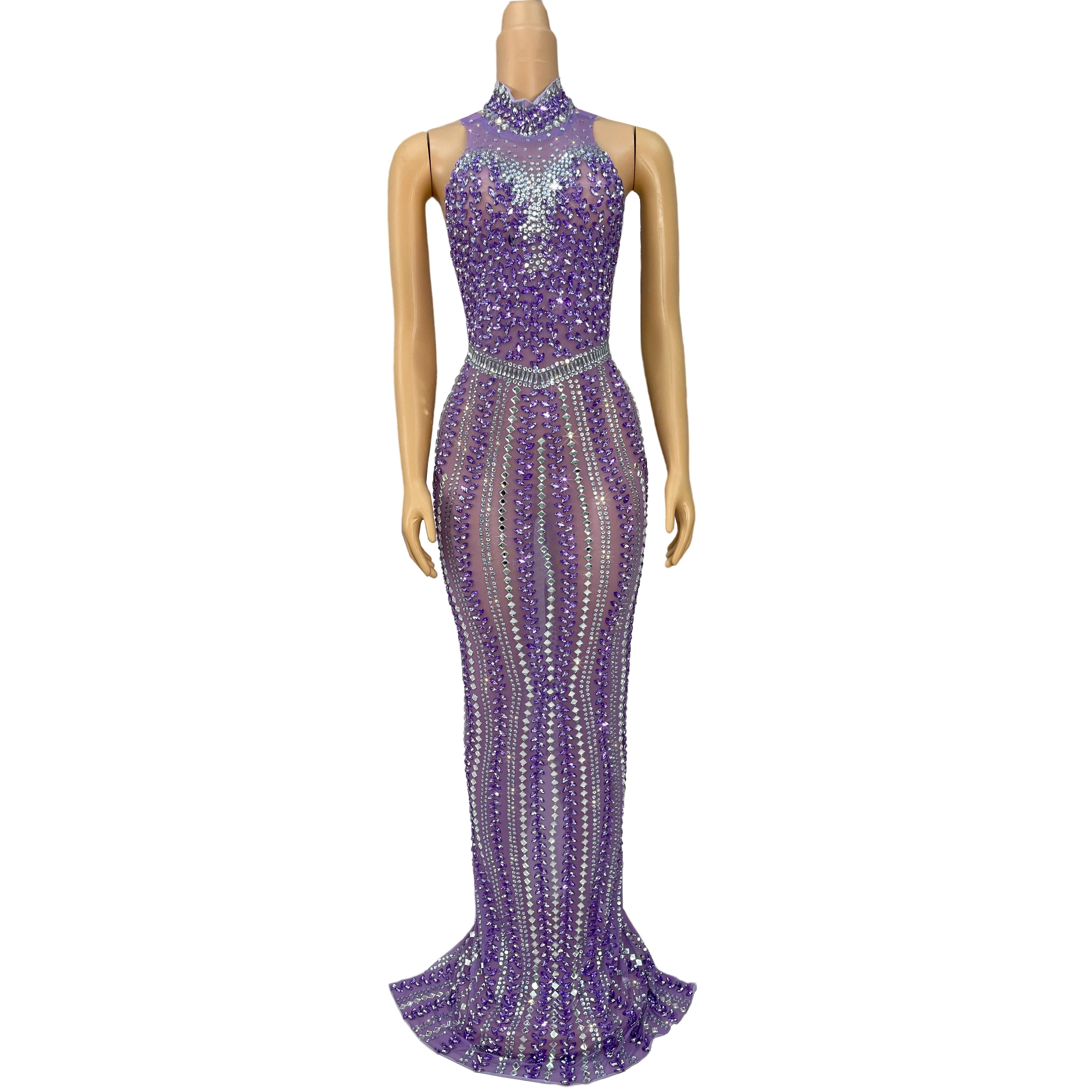 Vestido de noche morado elegante para mujer, vestido largo sexi de malla transparente con diamantes de imitación brillantes, traje de fiesta de graduación, disfraz de alfombra roja Zizi