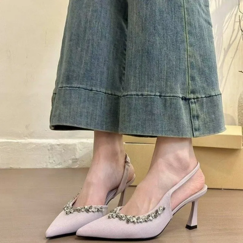 French Fashion Temperament Pointy Rhinester After Empty Sandals Women Summer Banquet Shoes 2026 New Striptease Stiletto Heels