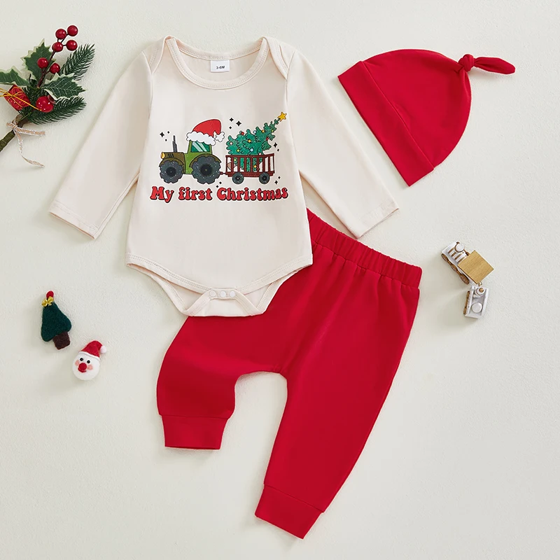 Newborn Baby Boy Christmas Outfit, Long Sleeve Letters Christmas Tree Print Romper with Elastic Pants and Hat Infant 3Pcs Set