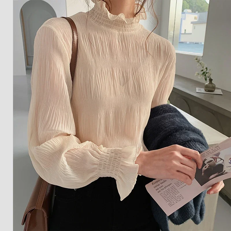 Camicetta in Chiffon della corea nuove donne top manica lunga dolcevita abbigliamento da lavoro camicie eleganti camicette Casual da donna Blusas da donna