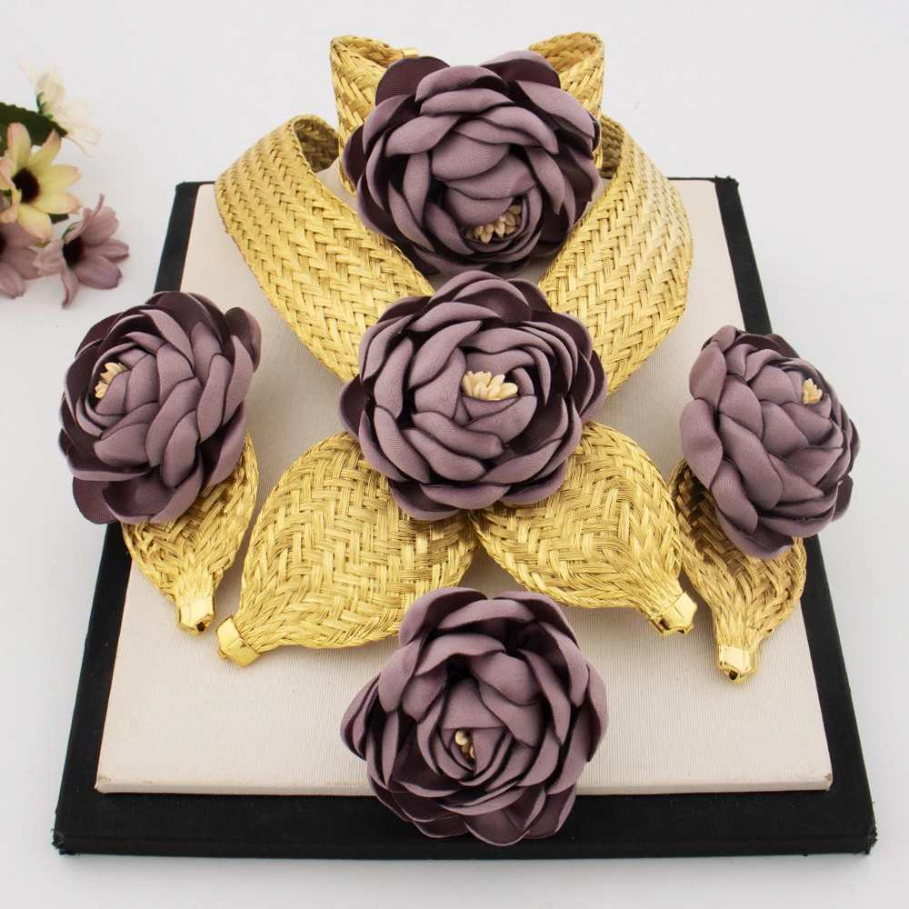 

2025 New High Quality African Big Purple Flower Pendant Women Jewelry Set Dubai Gold Plated Luxury Thick Collar Necklace Earring