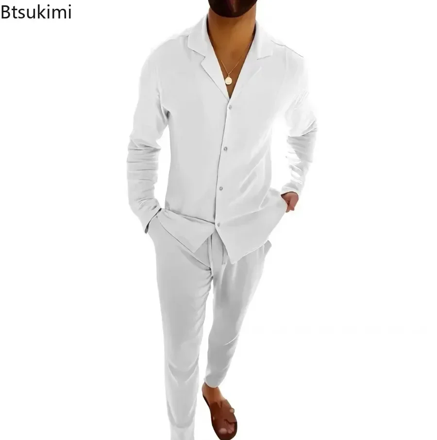 2025 Men's Casual Sets Fashion Solid Long-sleeved Button Shirt Cardigan and Drawstring Pants Two Pieces All-match Tracksuit Sets