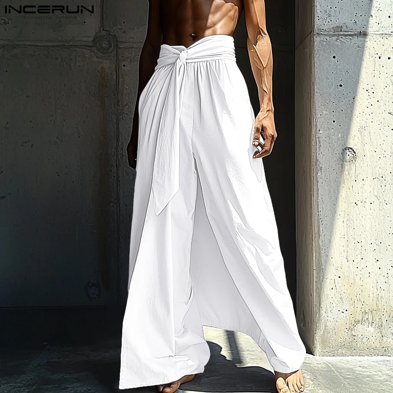 Incerun calças masculinas cor sólida rendas até corredores soltos casuais calças de perna larga homens 2025 cintura elástica calças plissadas streetwear