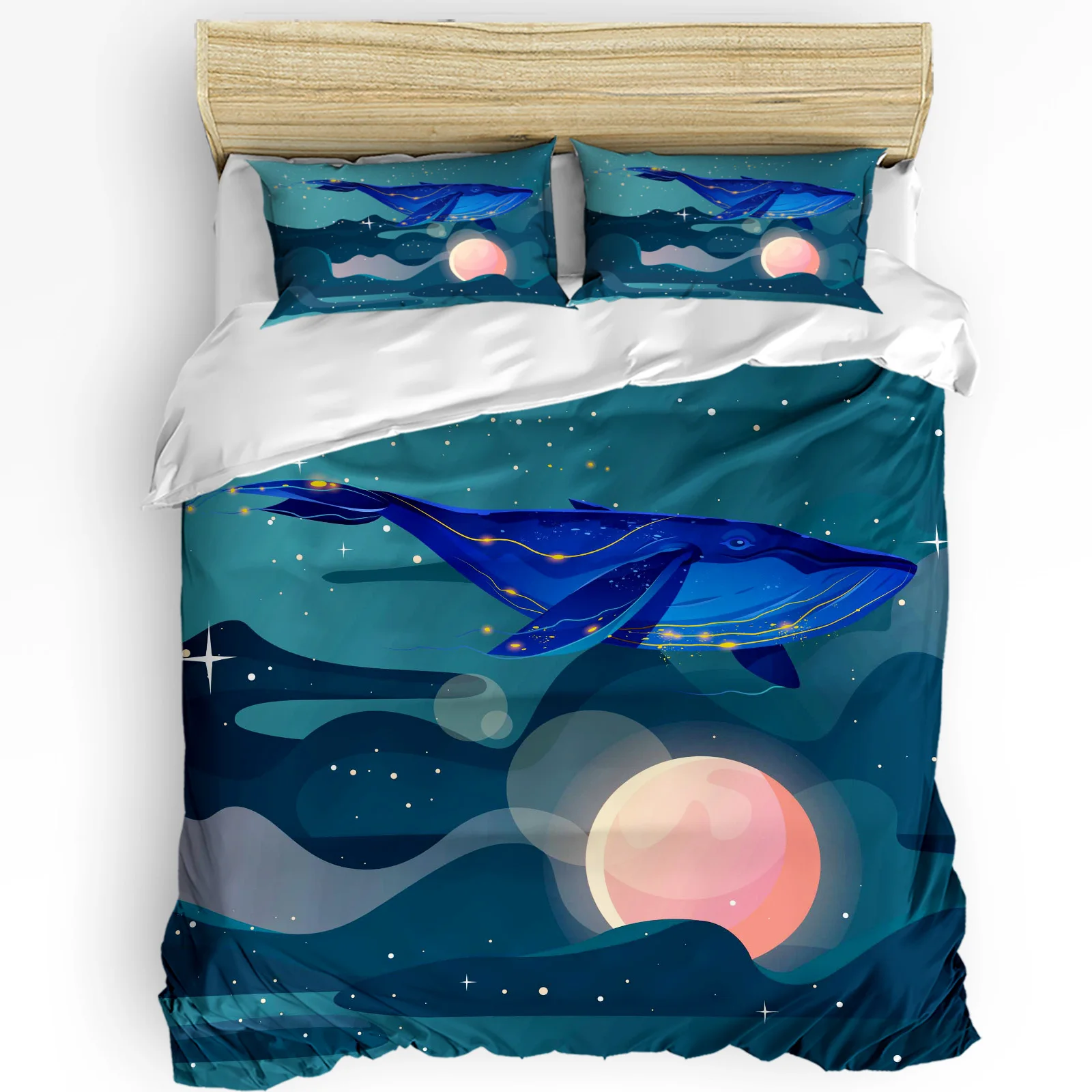 Cartoon Cielo stellato Notte Balena Luna 3 pezzi Set copripiumino Federa Camera da letto Letto matrimoniale singolo Set biancheria da letto trapunta Copripiumino