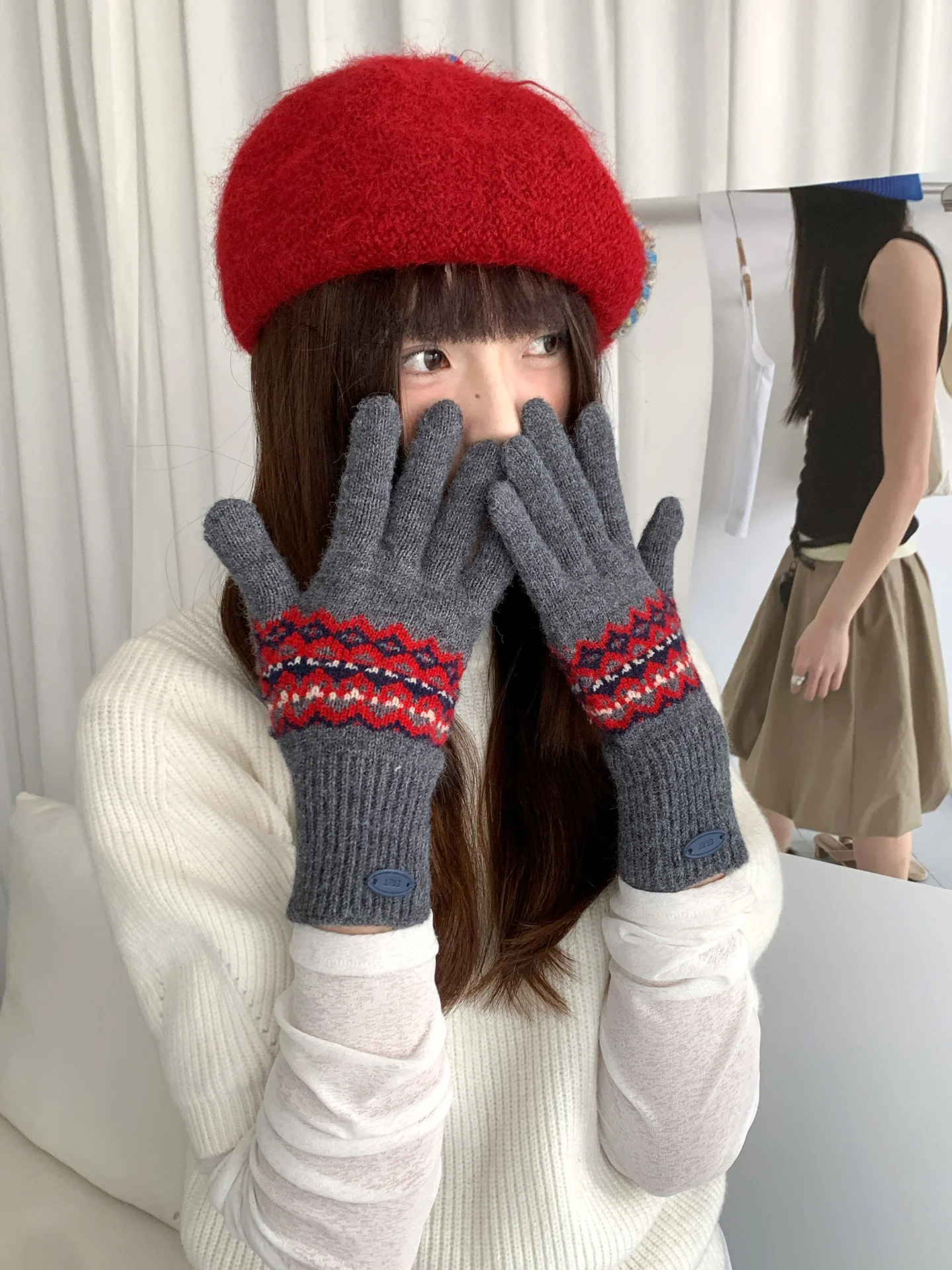 タッチスクリーンレトロフェアアイルカラーワークニット手袋女性用冬乗馬暖かく防寒指なし