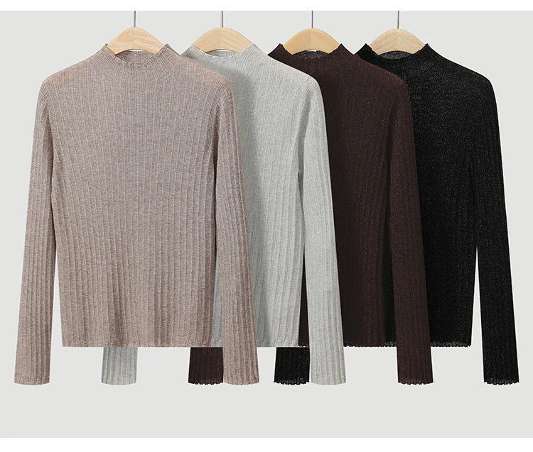 BL3621732 Damen-Pullover mit Stehkragen aus Wollmischung, Lurex, gerippt, langärmelig, mit Wellenkragen, seitlicher Kette und metallischem Glanz für den Herbst – Detail 13