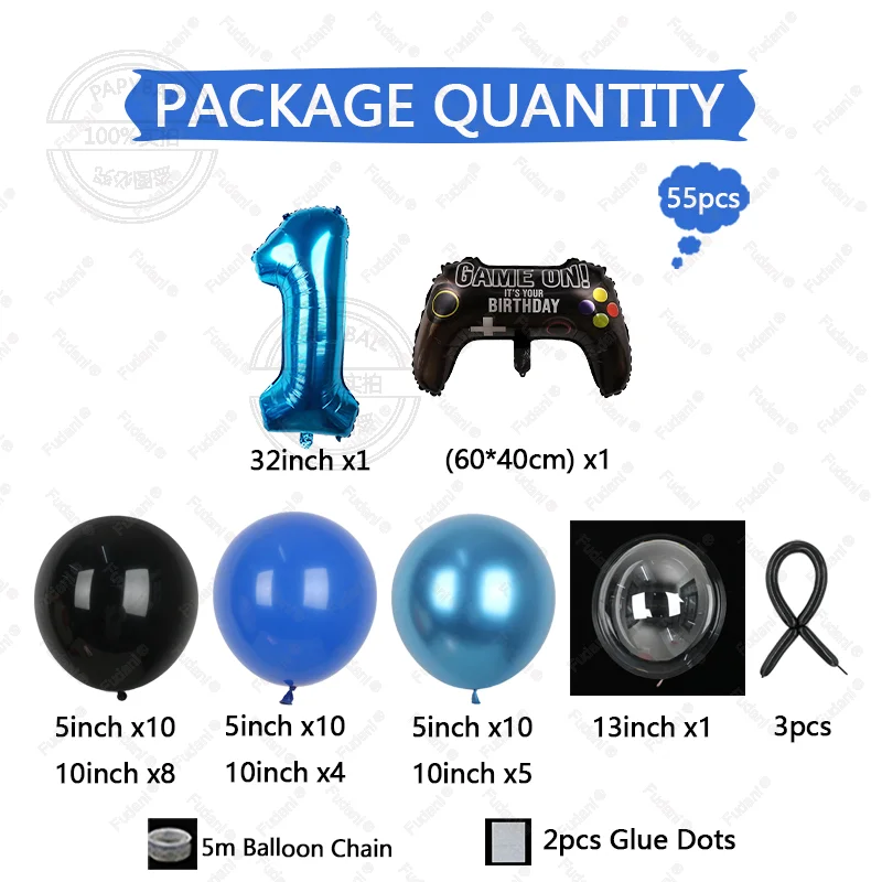 55pcs Gamepad Balloon Deep Blue Number Birthday Balloon Set Game Theme Party Decoration Birthday Surprise Gift