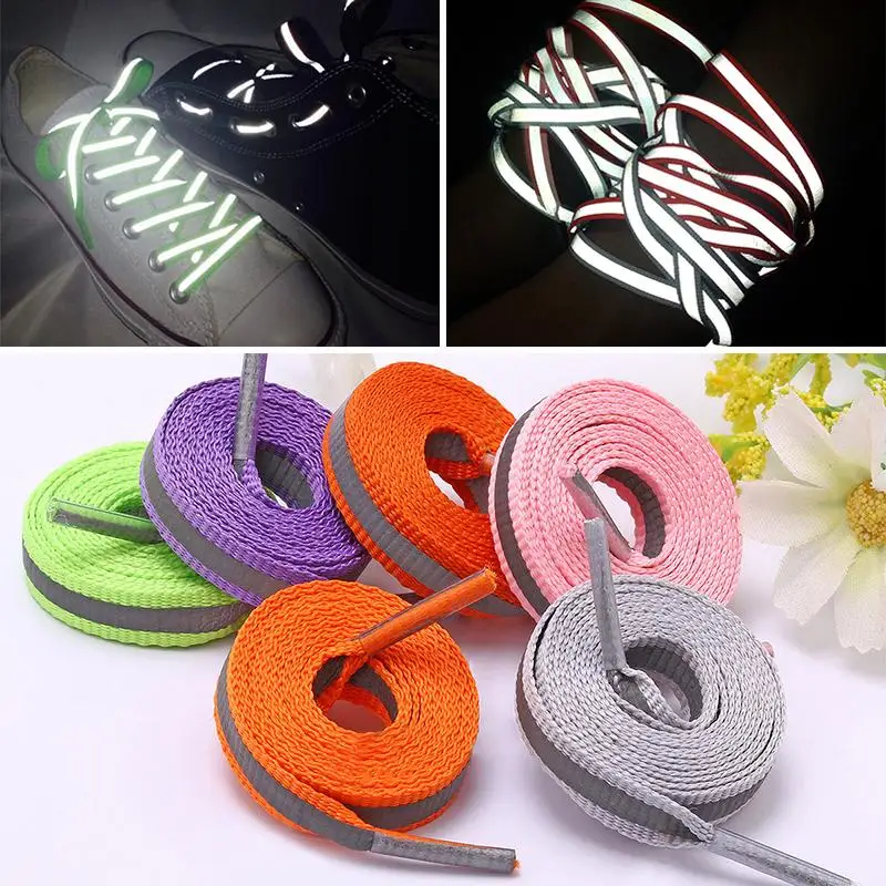 1Pair 3M Reflective Shoelaces Runner Shoe laces Safety Luminous Glowing Shoelace for Unisex Sneakers Flat Shoelaces