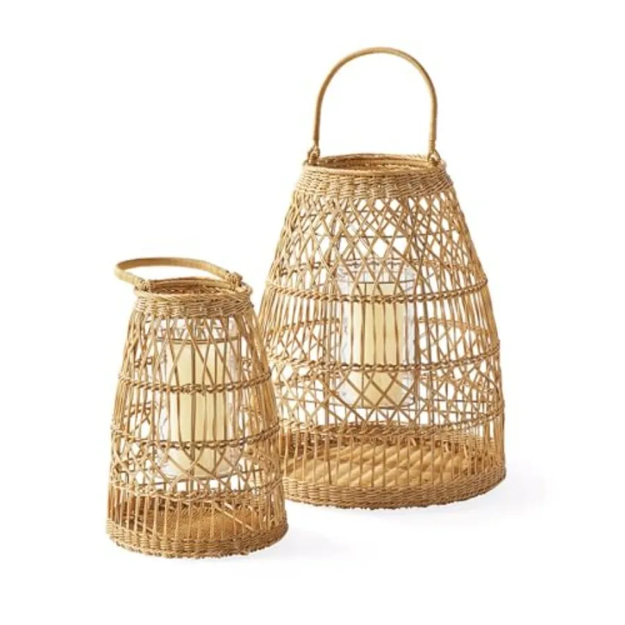 

Candle Holder Candlestick Lantern Handmade Boho Rattan Candle Lanterns 2 Pack Farmhouse Woven Lantern with Handle for Living Ro
