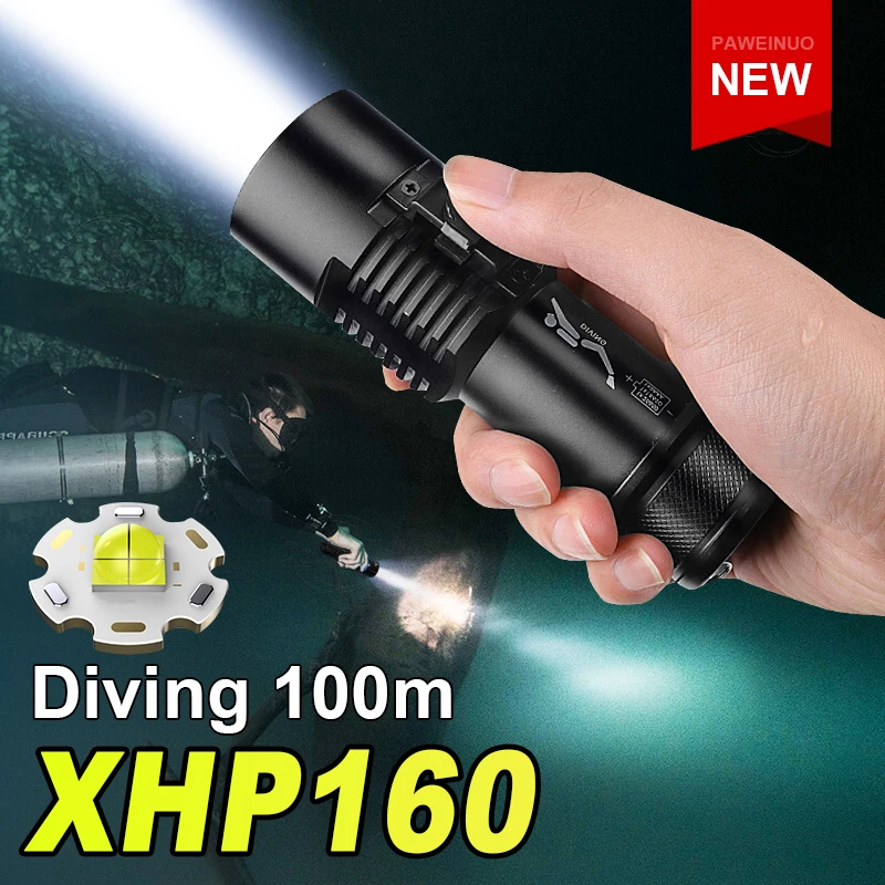 2023 XHP160 Diving Torch Professional Diving Flashlight Rechargeable 100m Underwater Lantern IPX8 Dive Light 18650 26650 Battery