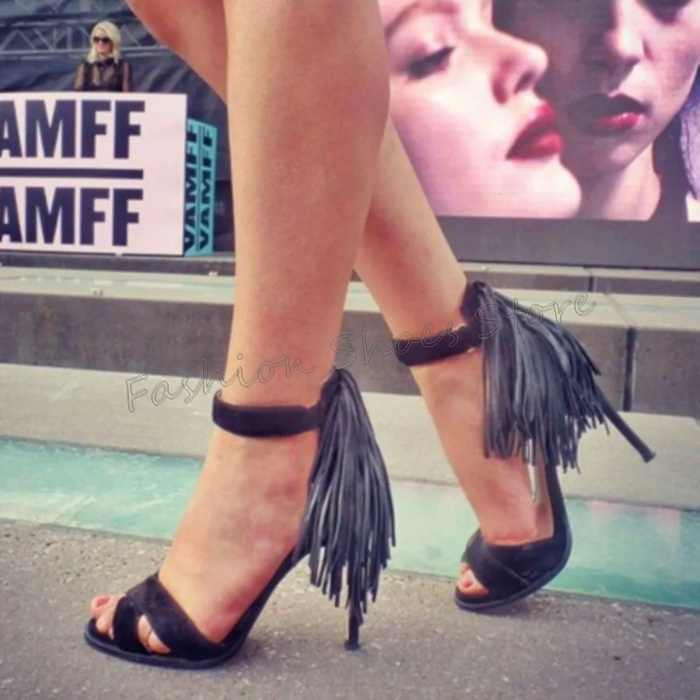 

Black Tassels Decor Cross Strap Sandals Open Toe Women Shoes Stilettos High Heels Party Banquet Dating 2025 Zapatos Para Mujere
