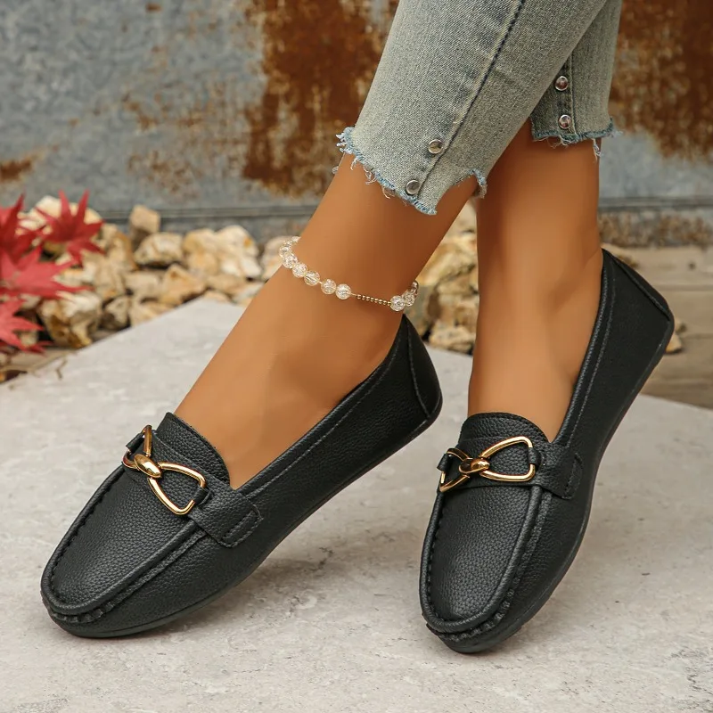 Women's Fashion Flat Shoes Autumn New Round Head in The Buckle Metal Buckle Soft Sole Anti-slip Wear-resistant Low Top Shoes