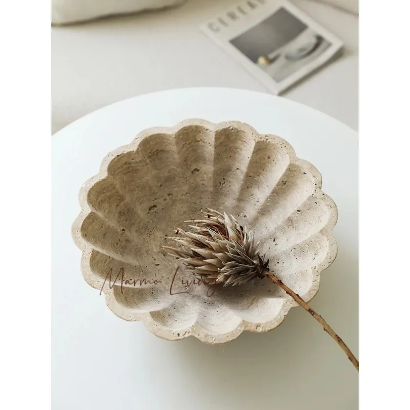 

Large Travertine Serving Tray Decorative Ruffle Marble Fruit Bowl for Kitchen Counter and Living Room