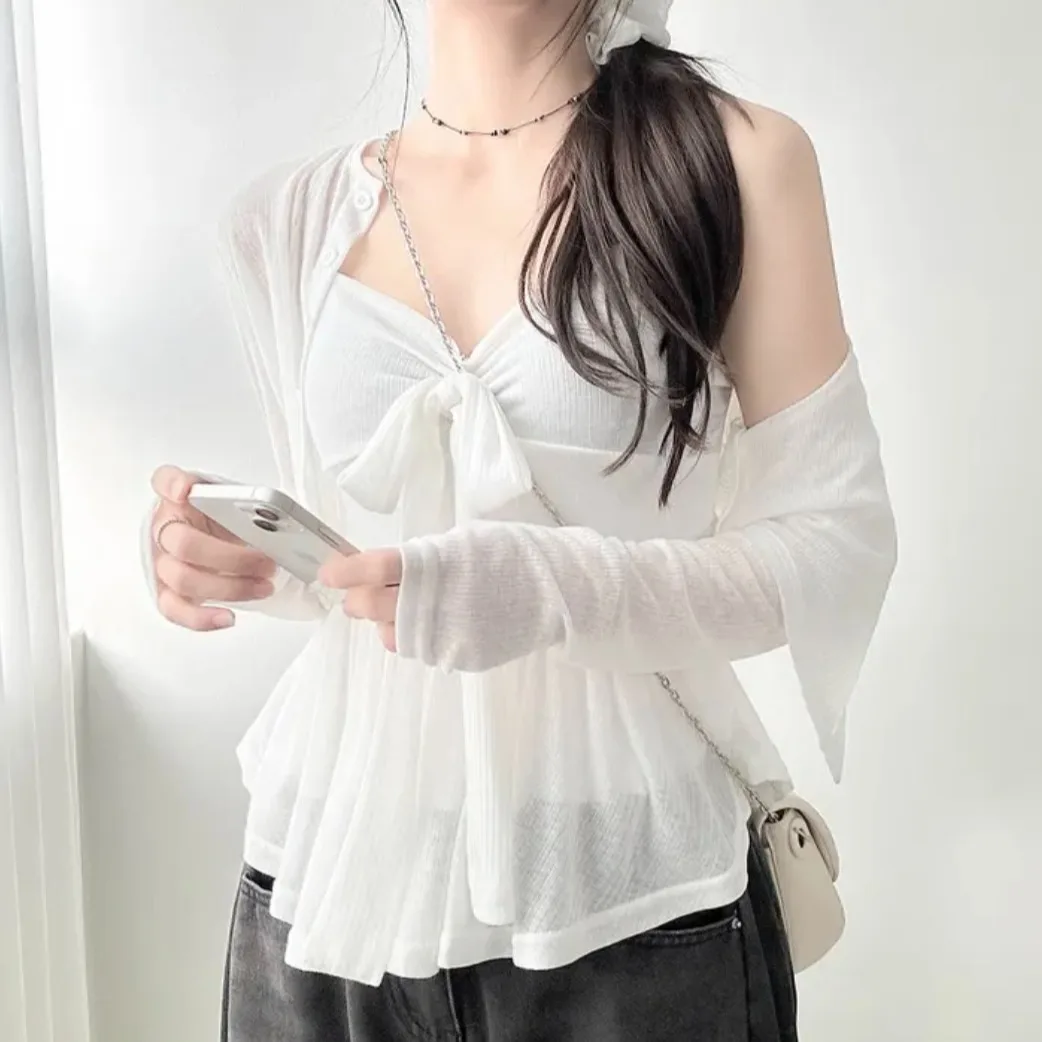 

Chic Korean Style Pure Color Knot Slim Fit Sexy Strap Open Cardigan Two Piece Set Elegant Classy Summer Outfit