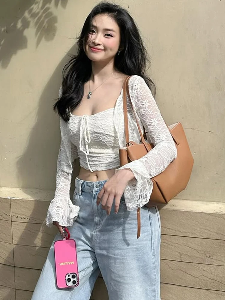 

CUtenew Jacquard Top 2 Piece Set Women Sexy See Through Bell Sleeve Crop Coat+Ruched Bandages Camisole Hottie Club Streetwear