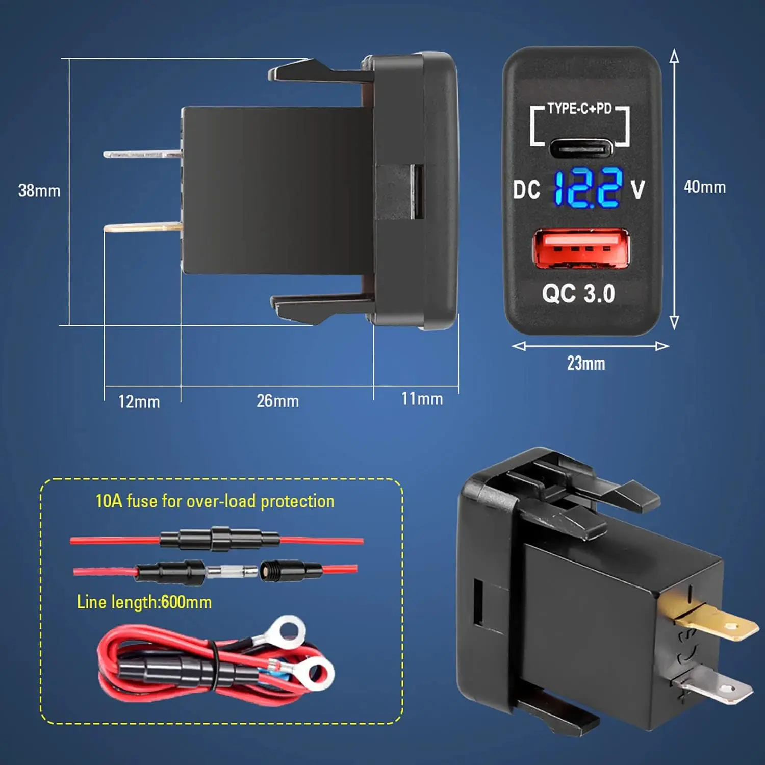 도요타 차량용 USB 충전기 소켓, 급속 충전 3.0, PD USB C 포트 전원 콘센트 어댑터, 12V, 24V