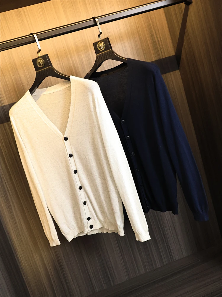 Soft V-neck Single-button Knitwear Jacket for Men Spring Summer Fashion Urban Style Long Sleeve Pure Color Youth Fashion