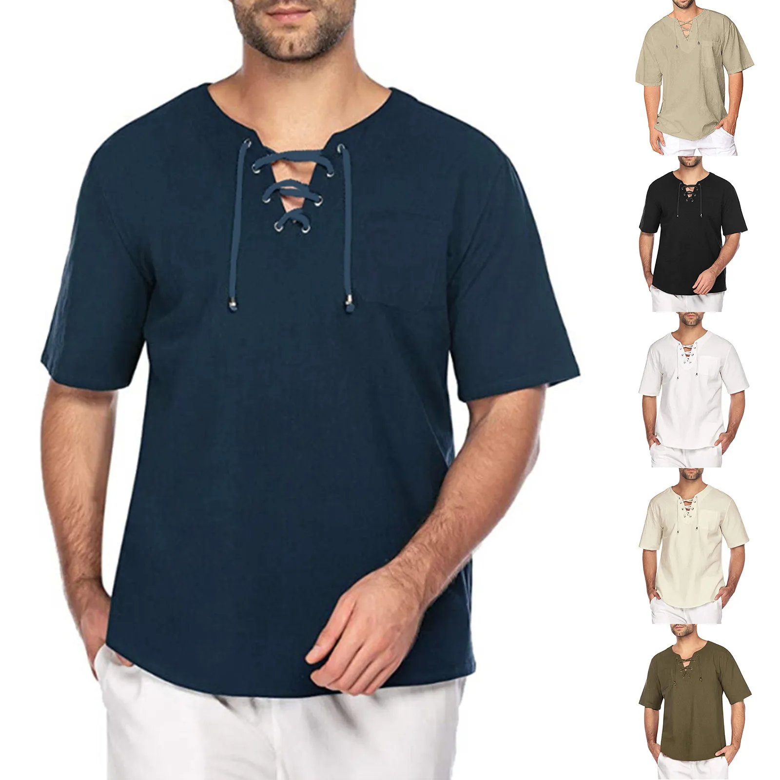 Linen Shirts For Men Cotton Linen Solid Loose Short Sleeve T Shirt Lace Up Tees V Neck Medieval Tunic For Men Camisa De Hombre