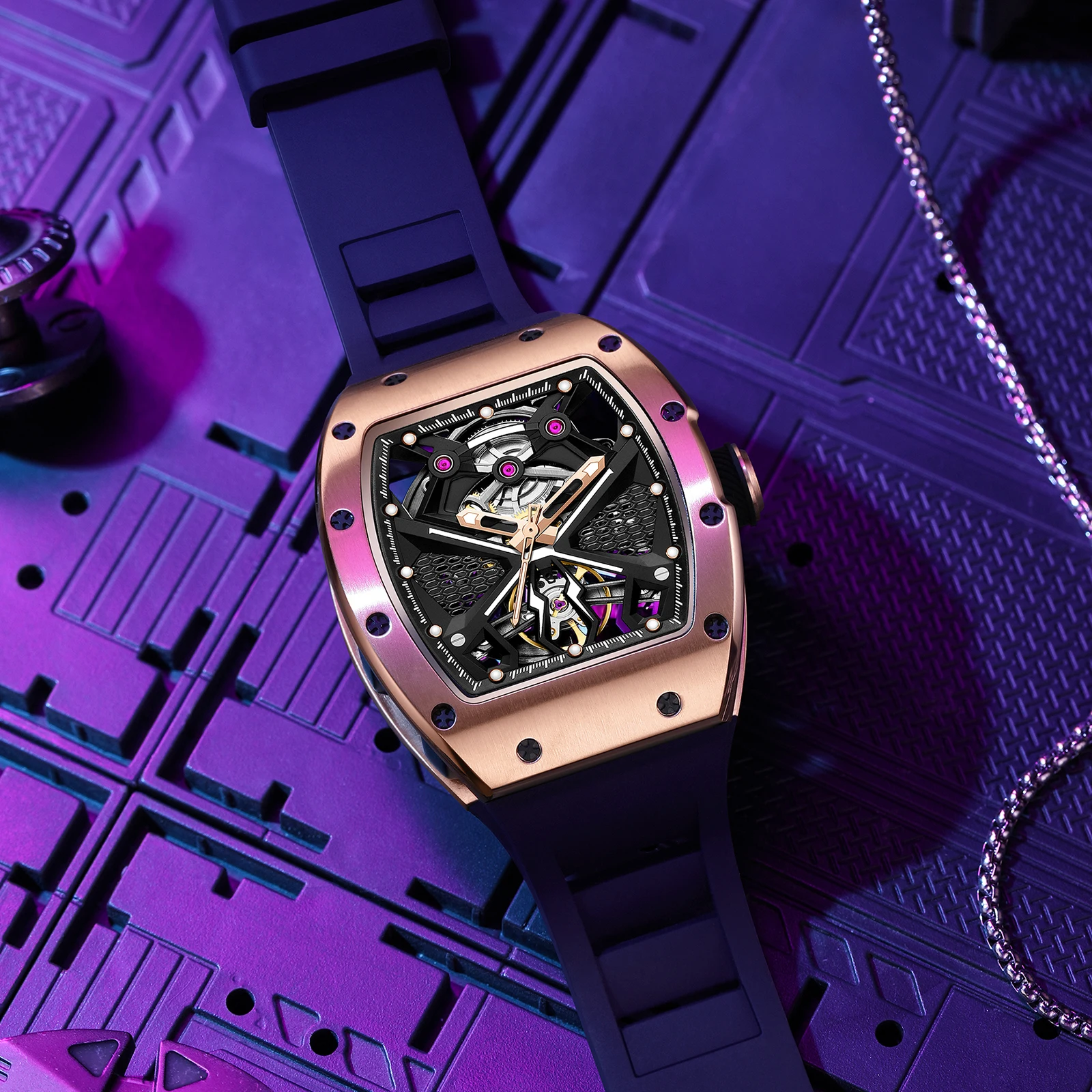 

Unique Men Watches Automatic Mechanical Watch Luxury Hollow Tonneau Watches for Men with Stainless Steel Case and Silicon Band