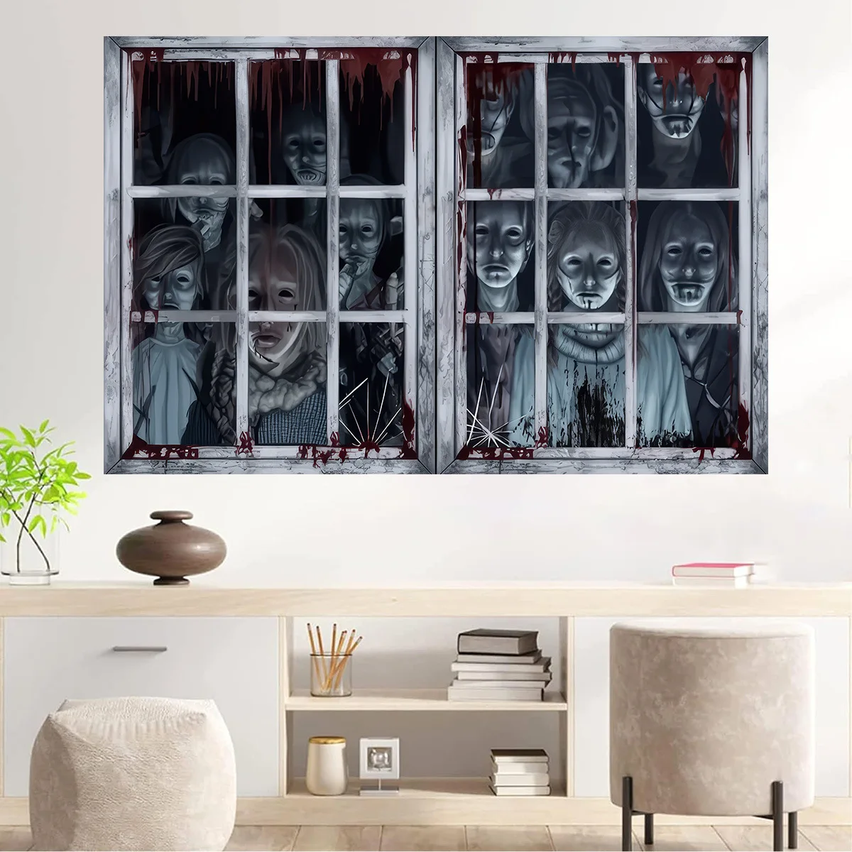 Horror Window Zombie Wall Tapestry, Scary Ghost Figures Bloody Window Backdrop, Halloween Haunted House Wall Hanging Decor