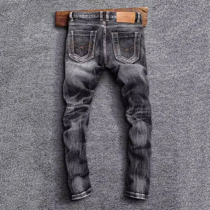 Fashion Designer Men Jeans High Quality Retro Black Gray Stretch Slim Ripped Jeans Men Embroidery Patched Vintage Denim Pants