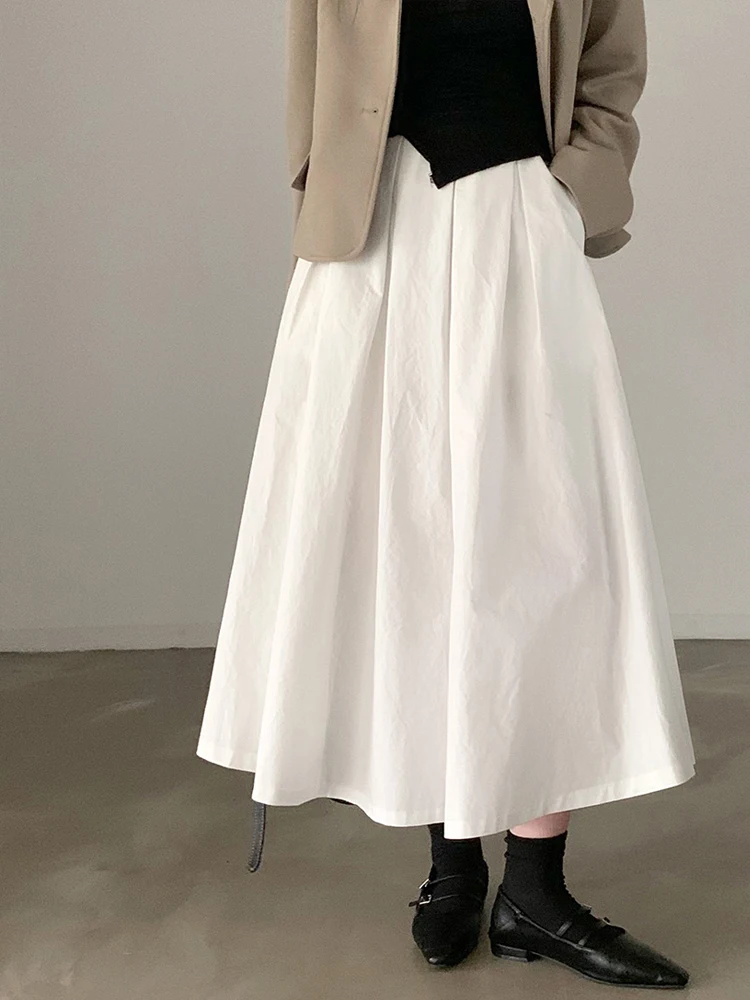 White A-Line Midi Skirt Women's Spring 2024 New High Waist Knee-Length Cover Hip Skirts Korean Sle Pure Color Dres