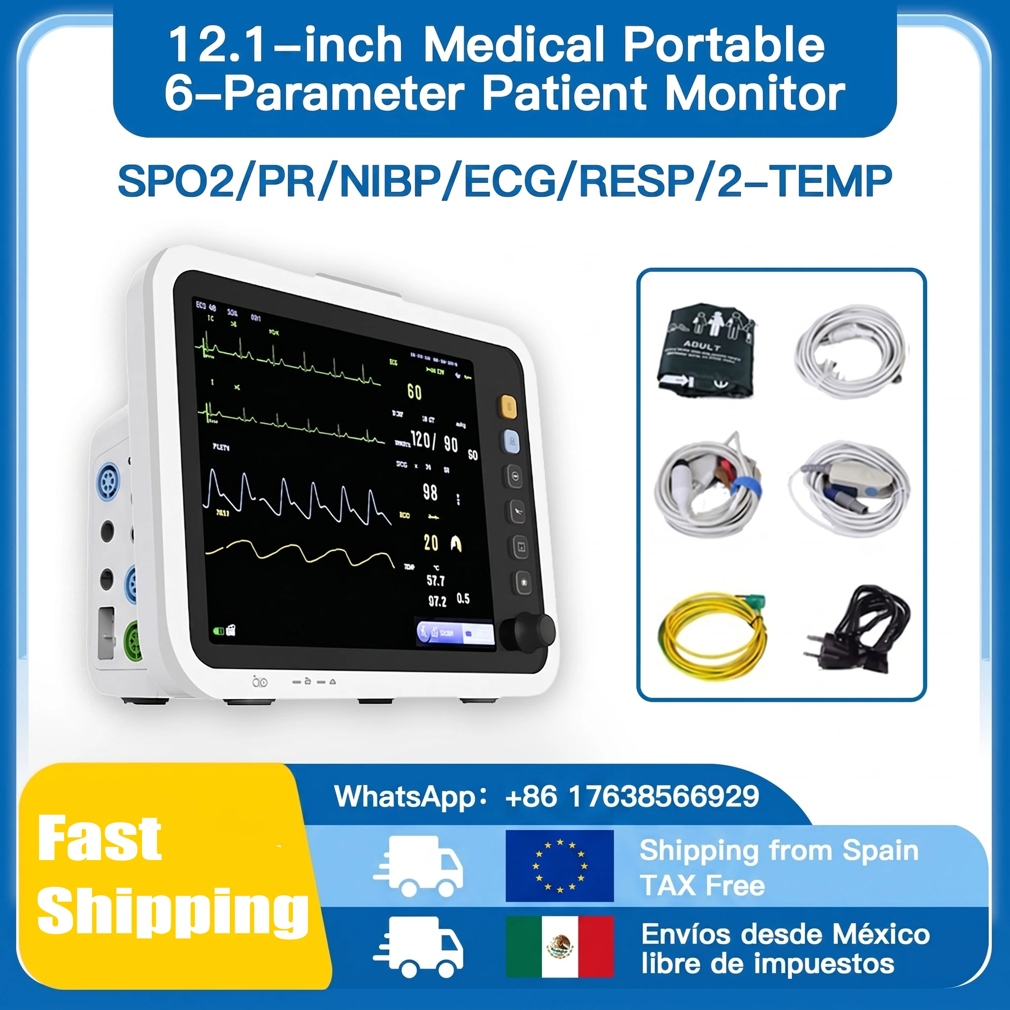 Monitor de pacientes Resoxy, Monitor de signos vitales, Monitor médico de uso humano de 12,1 pulgadas, Monitor de paciente de 6 parámetros ECG/NIBP/TEMP/RESP/SPO2/PR