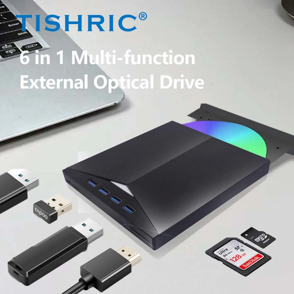 TISHRIC Type C USB External DVD CD Drive 6 In 1 4 Ports USB TF SD Card Reader External CD DVD Burner Reader Write For PC Desktop