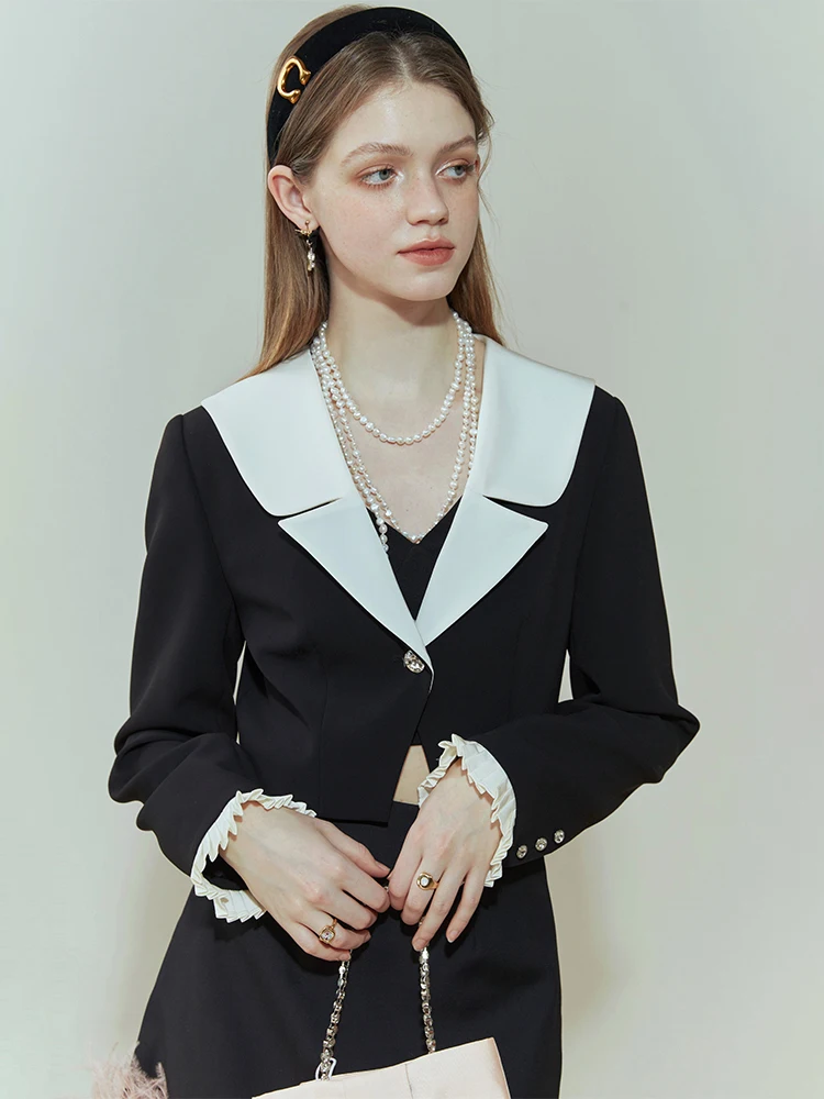 FSLE Lapel Collar Women Short Blazer Jackets Strappy Short Black Dress Cuff Patchwork Design Twill Solid Suit Spring New Sets