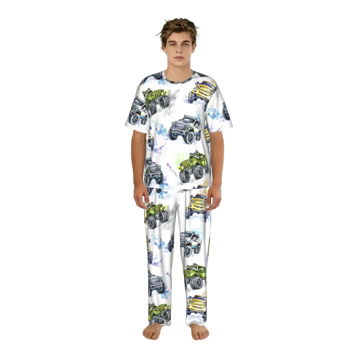 

Sleepwear Summer Spring Home Clothes Watercolor Cartoon Monster Trucks Short Sleeve Long Pant Nightwear