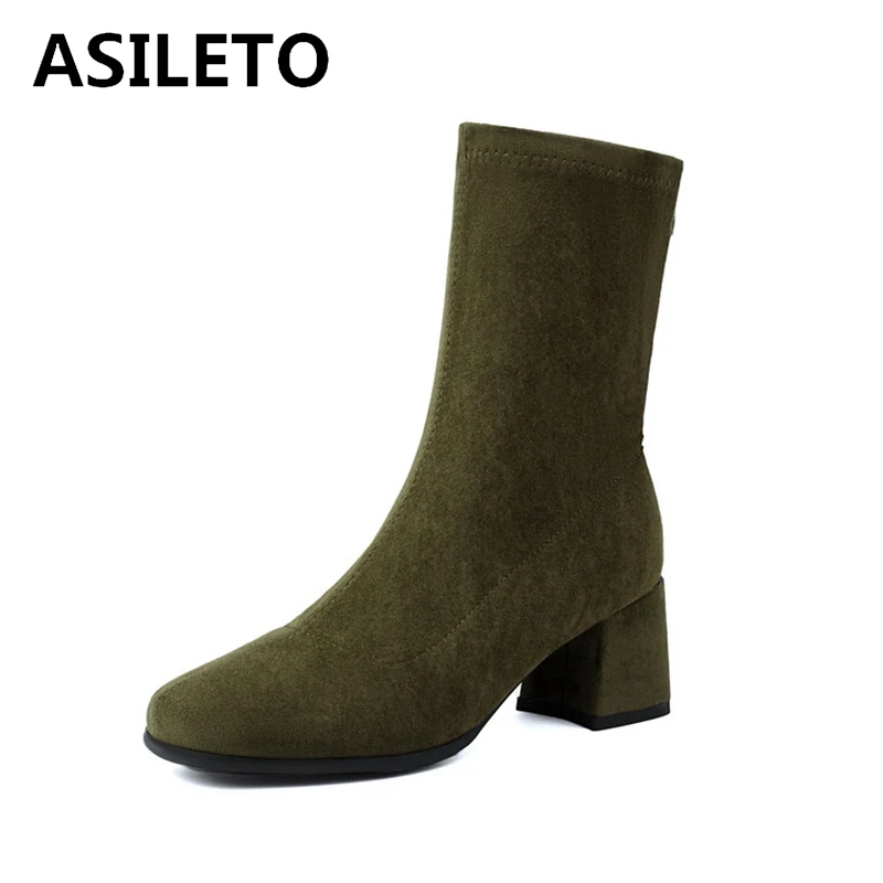 

ASILETO Fashion 6cm Block Heel Faux Suede Block Ankle Boots Stretchy Zip Autumn Antislip Shoes Big Size 48 US17 Green Black