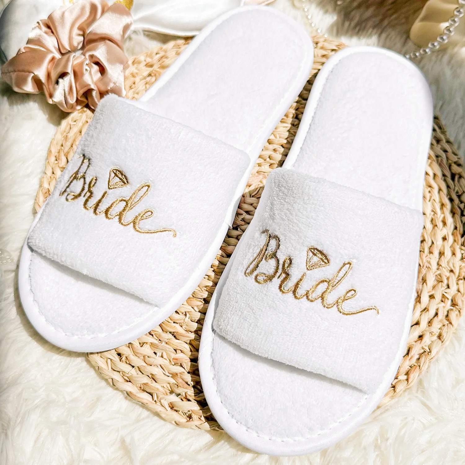 Bride & Bridesmaid, Wedding Party Guests Home Slip On Shoes Bridal Party Slippers Open-toe With Golden, Mint Green and Pink