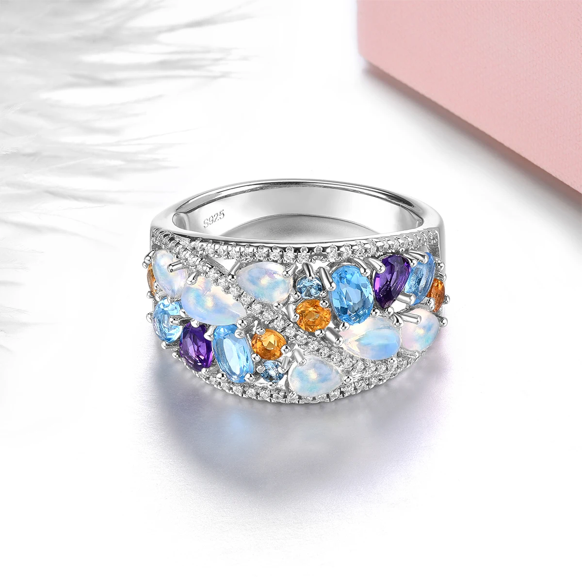 

Natural Genuine Opal Topaz Amethyst Sterling Silver Rings 2.2 Carats Multicolor Unique Design Women Anniversary Gift Top Quality