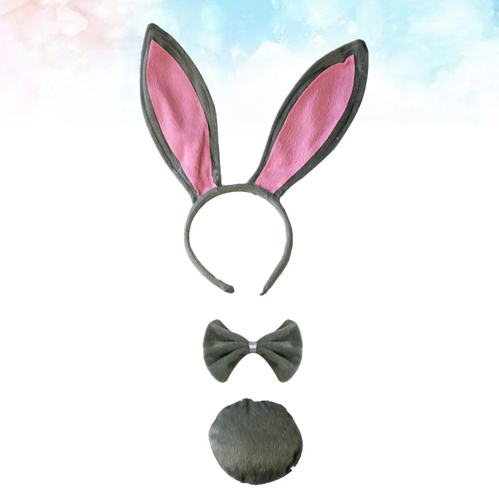 

3Pcs Rabbit Ear Headband Set Grey Easter Party Costume Tail Tie Masquerade Animal Cosplay Accessories Rabbit Ear Headband Set