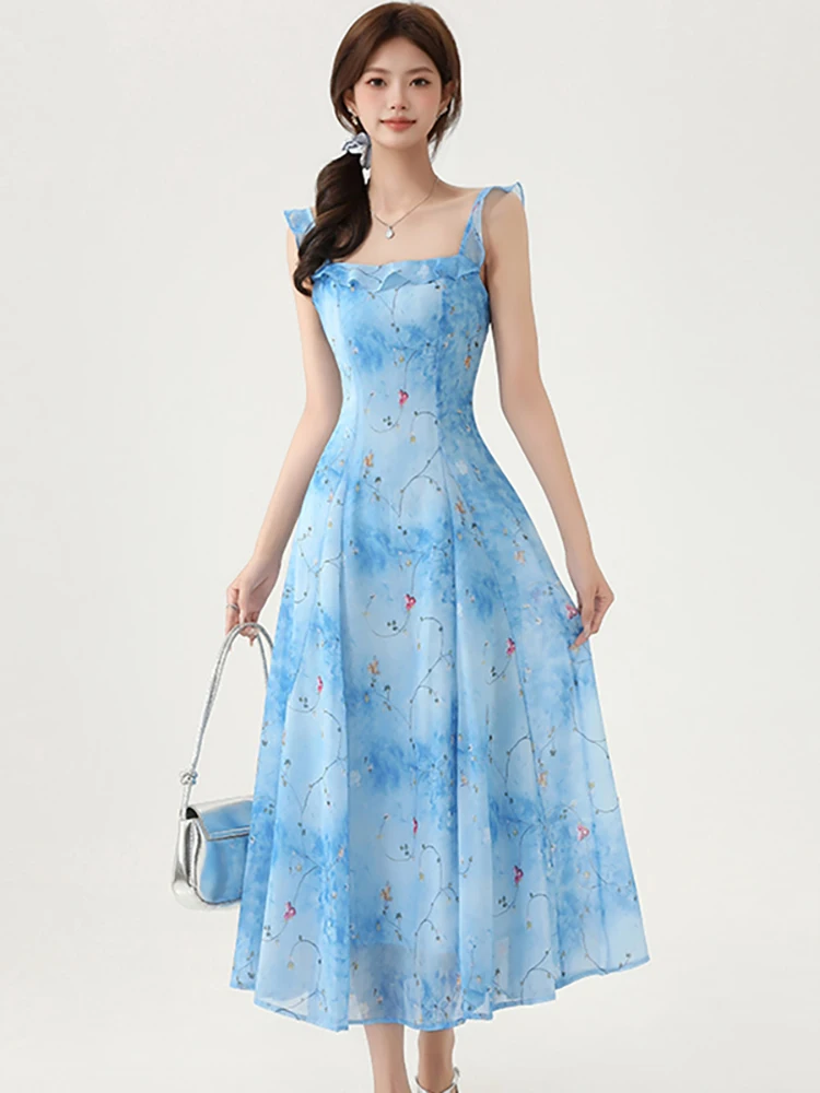 

Women Blue Floral Chiffon Ruffled Square Collar Sling Dress 2026 Boho Elegant Casual Long Dress Summer Korean Bodycon Prom Dress