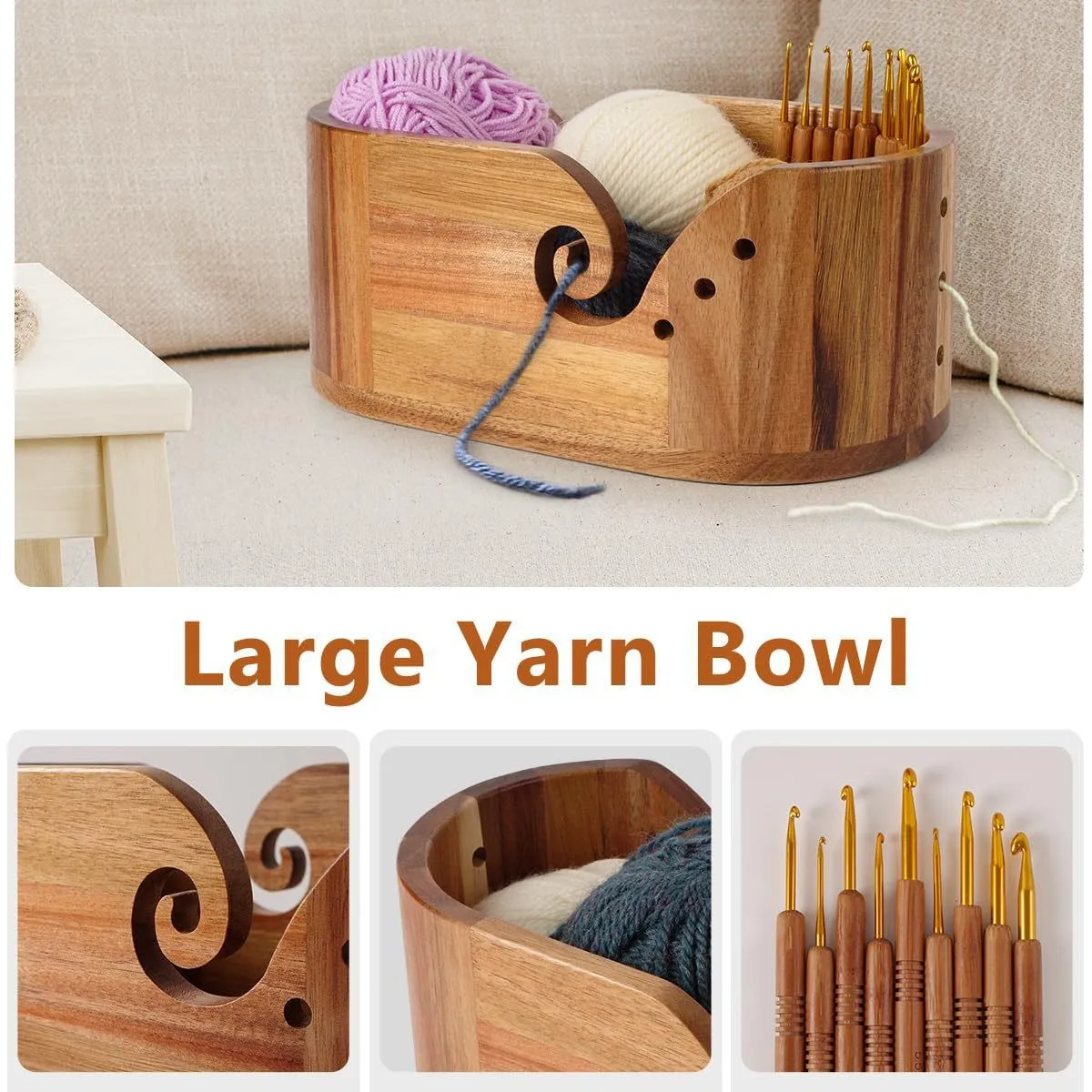 Wooden Wool Bowl Solid Wood Wool Knitting Bowl Oval Acacia Wood Knitting Tool Sewing Box
