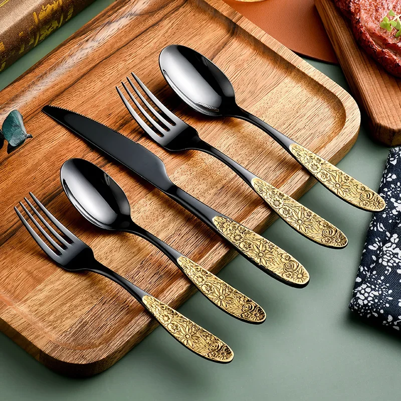 

Stainless steel antique carved western tableware Light luxury hotel family steak knife, fork and spoon cutlery set dinner set