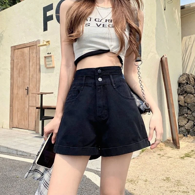 

Summer Female Chic Solid Double Button Jeans Lady Casual Fashion High Waist Short Pants Girls Classic Thin A-line Denim Shorts