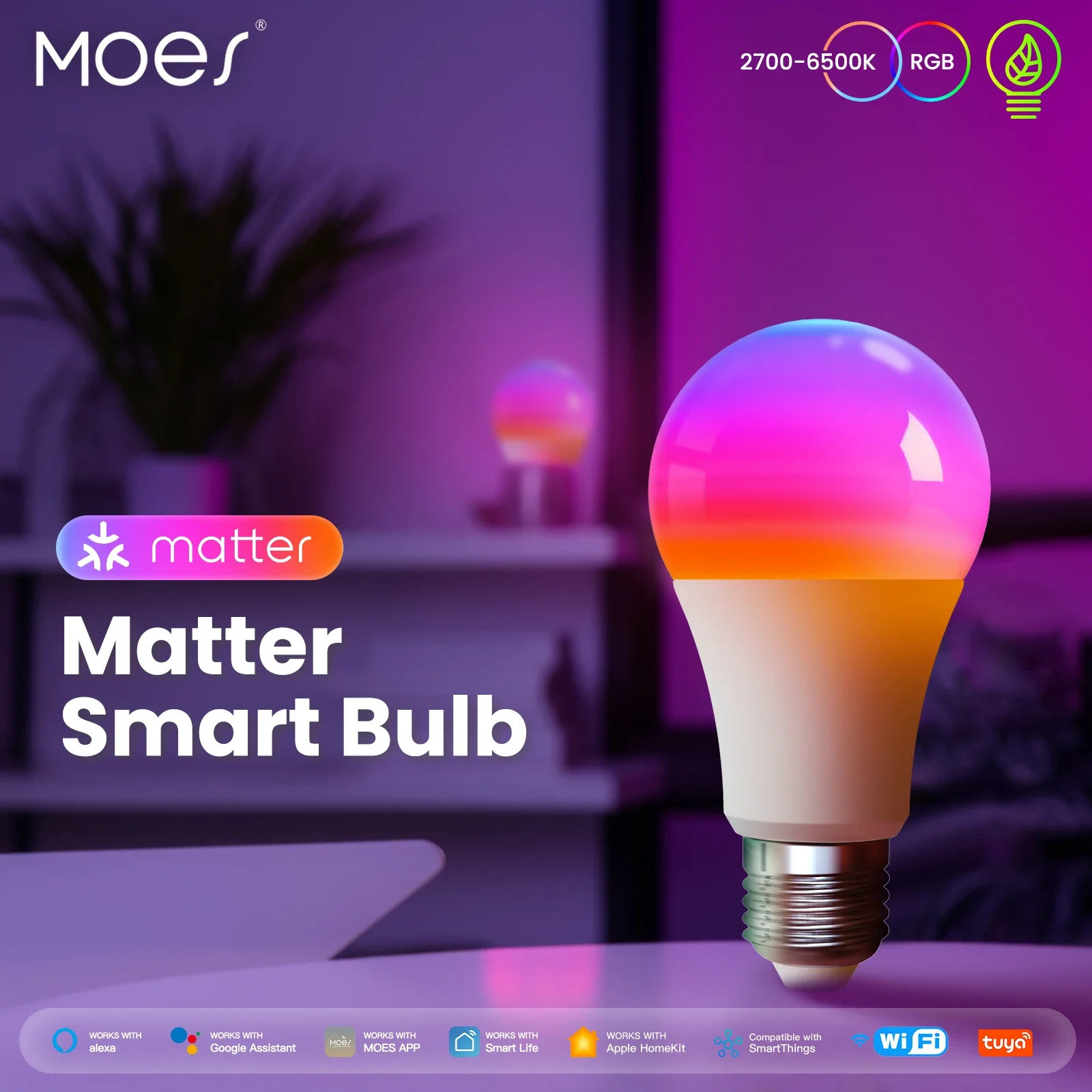 MOES Tuya Matter WiFi Smart Bulb Dimmbares LED-Licht 16 Millionen RGB-Farben E27 Kerzenlampe Sprachsteuerung Alexa Google Home