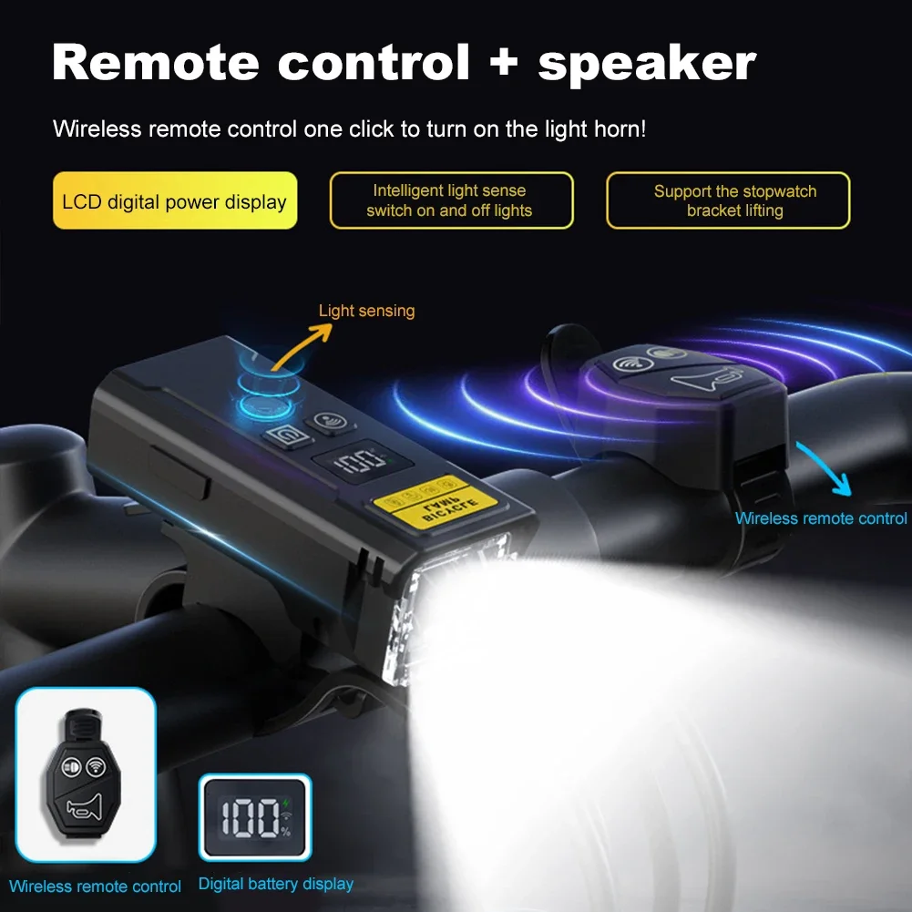 Bicycle Front Lamp with Horn Smart Light Sensor Cycling Safety Lamp Remote Control Bike Headlight Flashlight for Night Riding