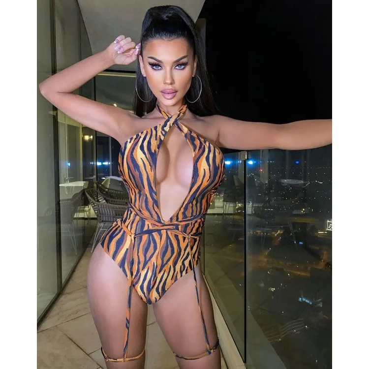 

Striped Print Sexy Hollow Out Swimsuit Tiger Strap Lace Up Halter Summer Beach Swimsuit For Women