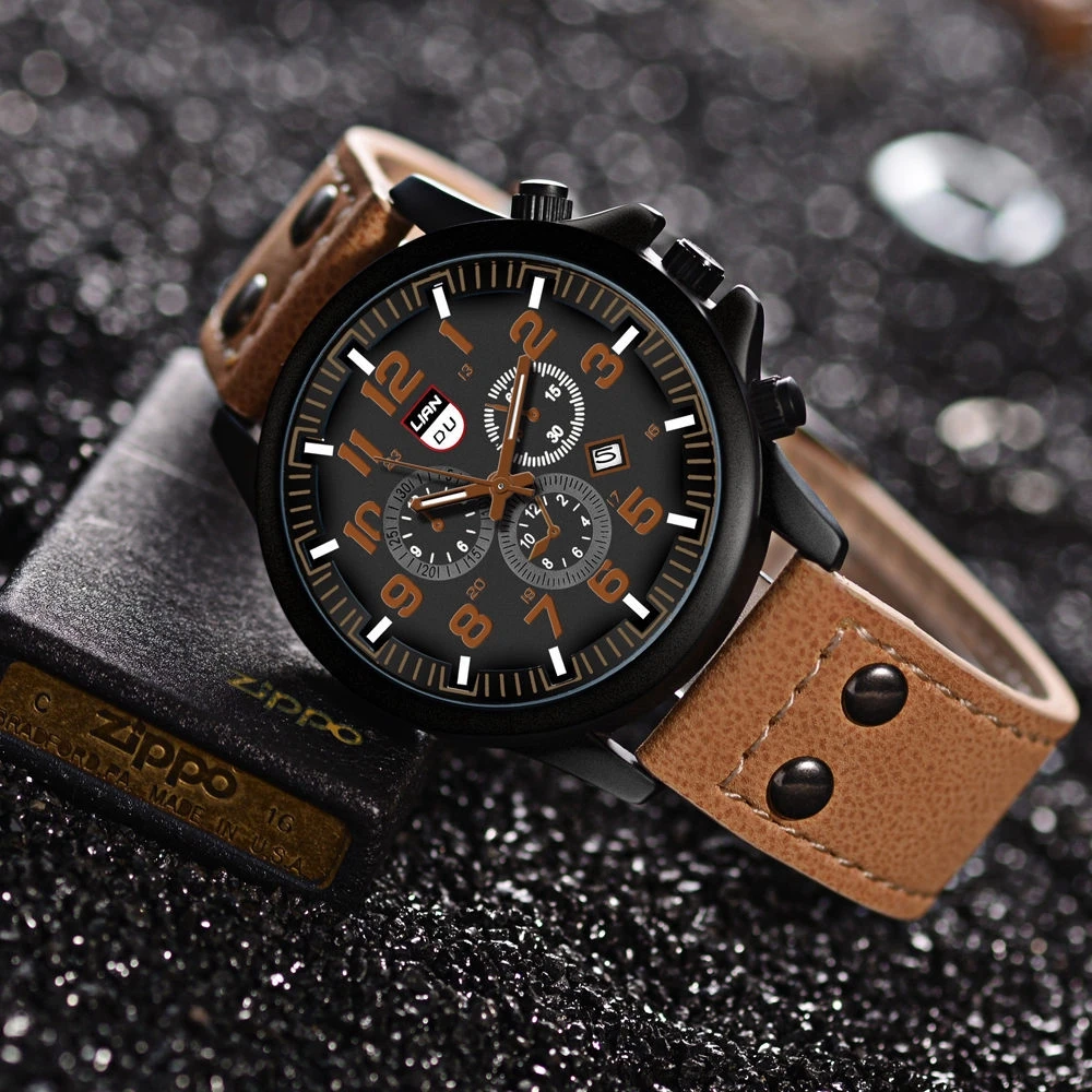 Mode herenhorloges Casual lederen band quartz horloge Mannelijke militaire kalenderpolshorloge