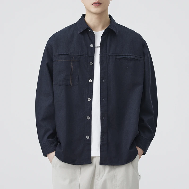 Denim Shirt Men Japanese Streetwear Fashion Loose Casual Long Sleeve Jeans Cargo Shirts Coat Cityboy Cardigan Blouses Coat